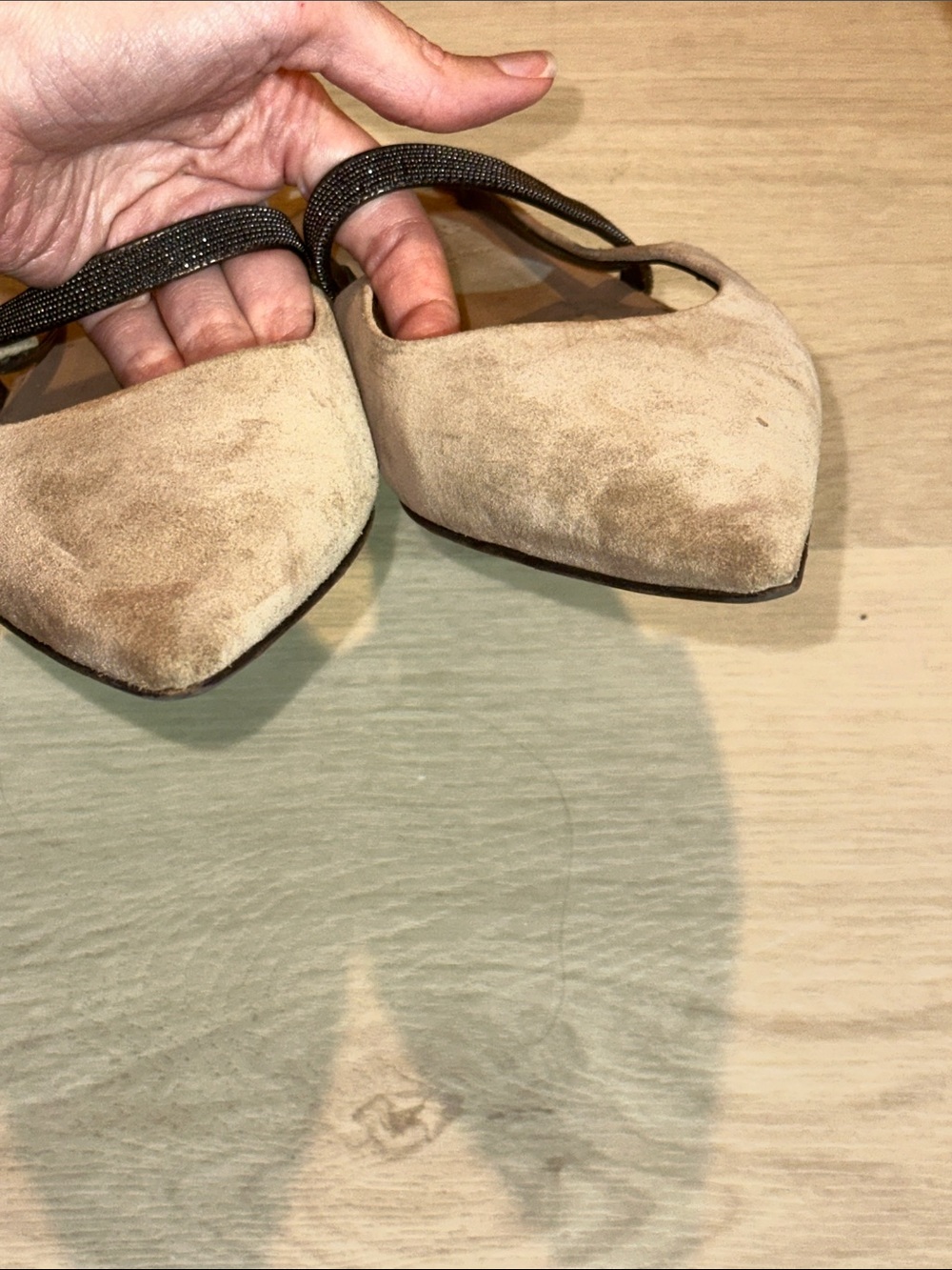 Brunello Cucinelli Taupe Pointed-Toe Slingback Mules with Monili Strap - Picture 6 of 13